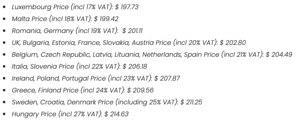 A screenshot showing Edgewonk's pricing structure across various EU countries.