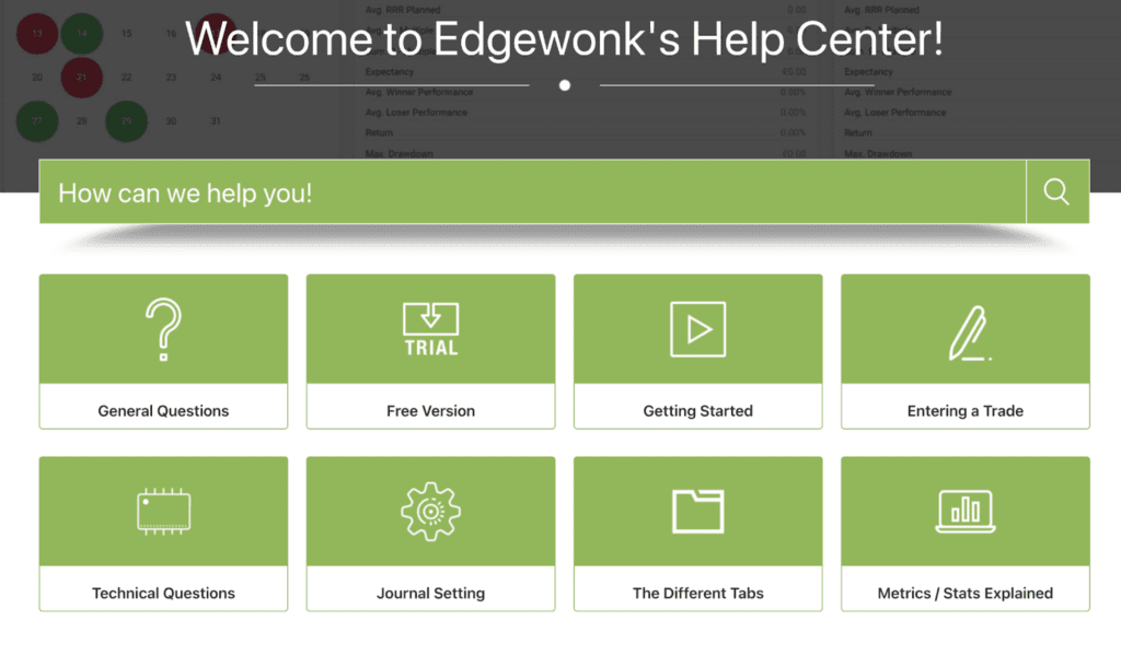 A screenshot of the main page of Edgewonk's Help Center.