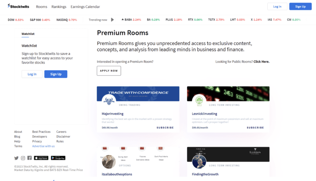 Una captura de pantalla de la página de Premium Rooms en StockTwits