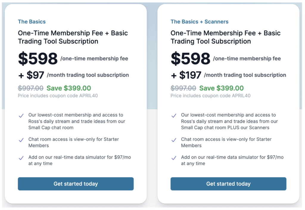 A screenshot displaying Warrior Trading's most economical package options